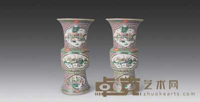 清 五彩开光人物花觚(一对) 高45cm